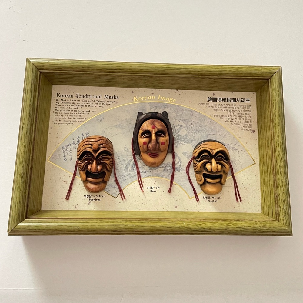Traditional Korean masks framed wall art shadow box 11”X 7” X 1.5”D